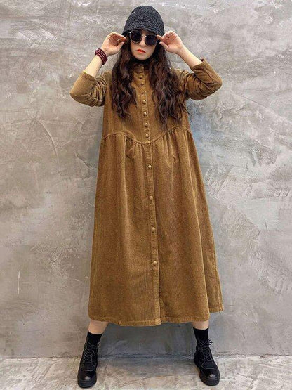 Vintage Solid Corduroy Lapel Dress-STYLEGOING