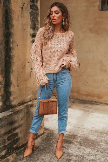 Women Winter Round Neck Tassel Loose Sweaters-STYLEGOING