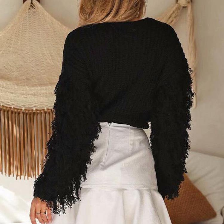Women Winter Round Neck Tassel Loose Sweaters-STYLEGOING