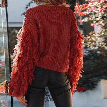 Women Winter Round Neck Tassel Loose Sweaters-STYLEGOING