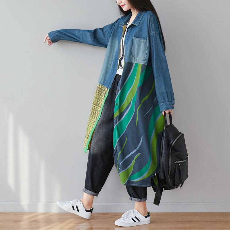Irregular Split Jointing Demin Women Long Shirts-STYLEGOING