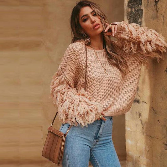 Women Winter Round Neck Tassel Loose Sweaters-STYLEGOING