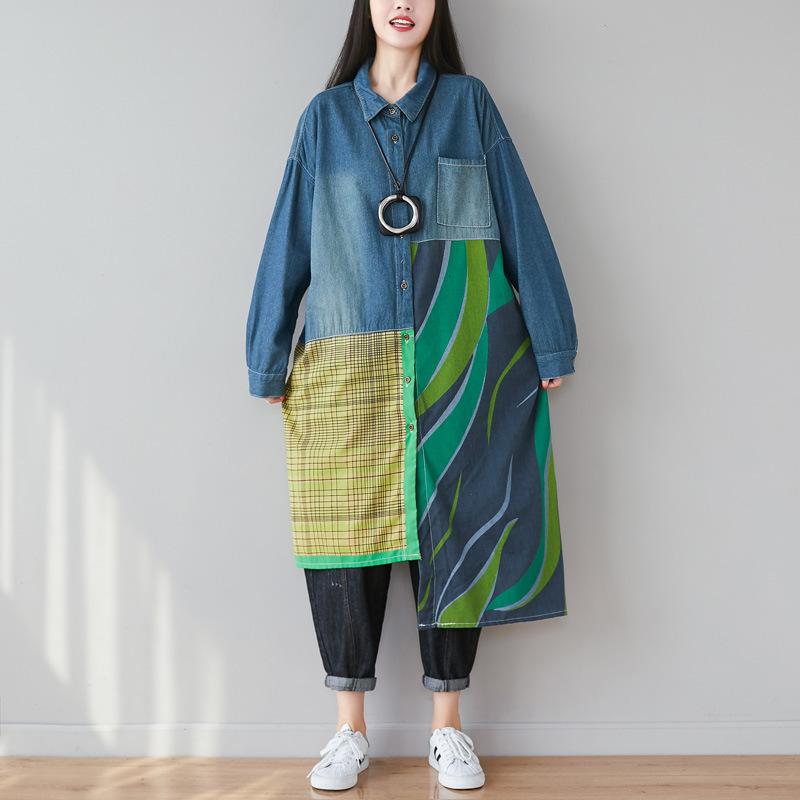 Irregular Split Jointing Demin Women Long Shirts-STYLEGOING