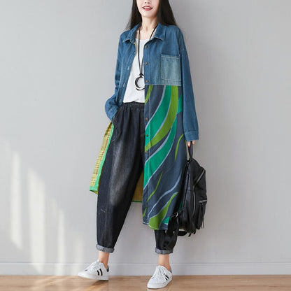 Irregular Split Jointing Demin Women Long Shirts-STYLEGOING