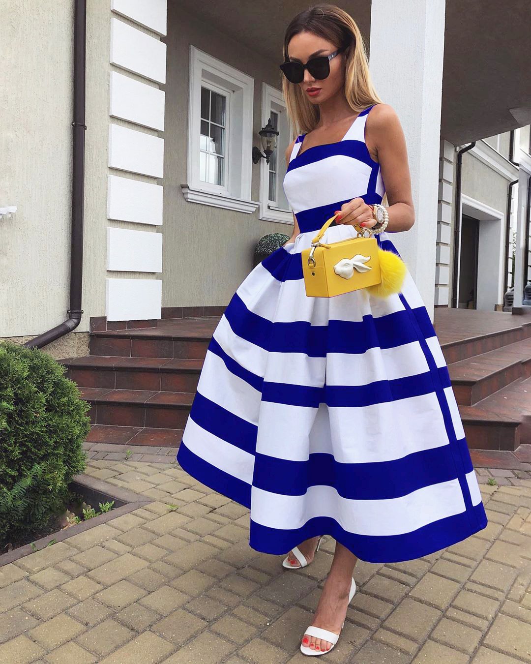 Summer Women Striped Strap Fashion Midi Dresses-STYLEGOING