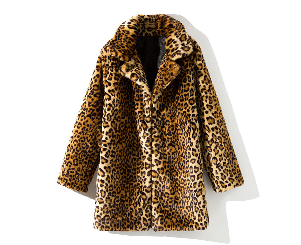 Women Leopard Design Winter Artifical Fur Overcoat