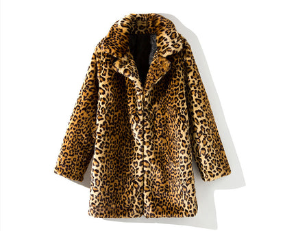 Women Leopard Design Winter Artifical Fur Overcoat