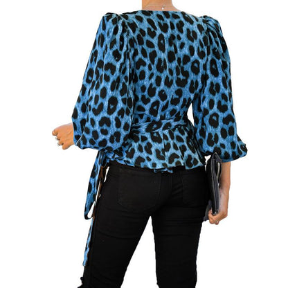 Women V Neck Long Sleeves Leopard Blouses-STYLEGOING