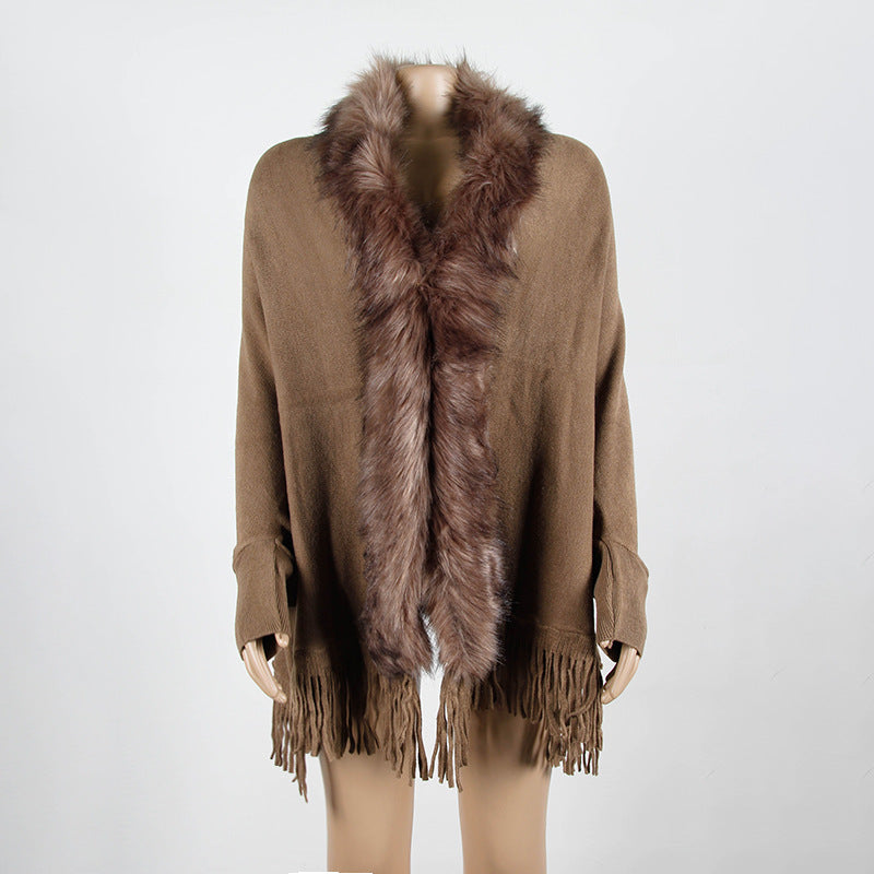 Women Winter Tassels Fur Collar Cardigan Overcoat