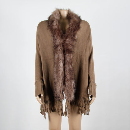 Women Winter Tassels Fur Collar Cardigan Overcoat