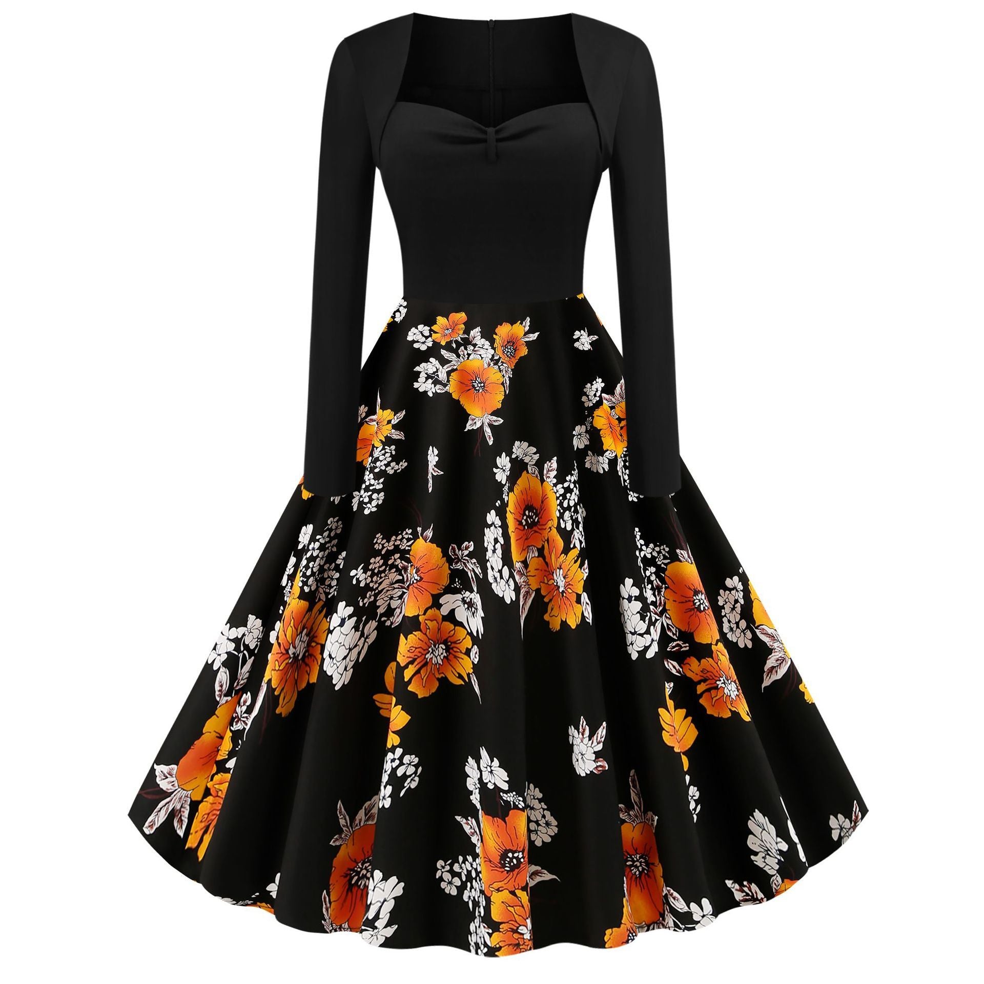 Vintage Long Sleeves Floral Print Dresses-STYLEGOING
