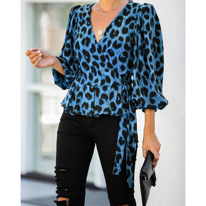 Women V Neck Long Sleeves Leopard Blouses-STYLEGOING
