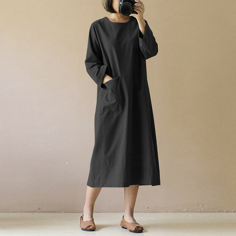 Vintage Linen Ling Sleeves Women Midi Dresses