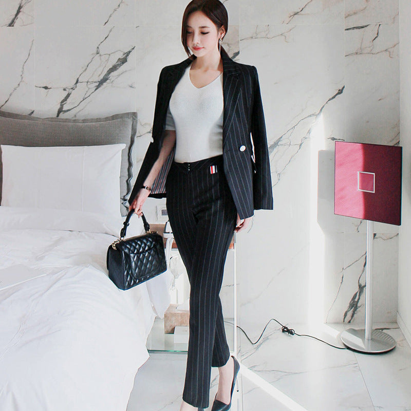 Fashion Black Striped Office Lady Outfits Sets