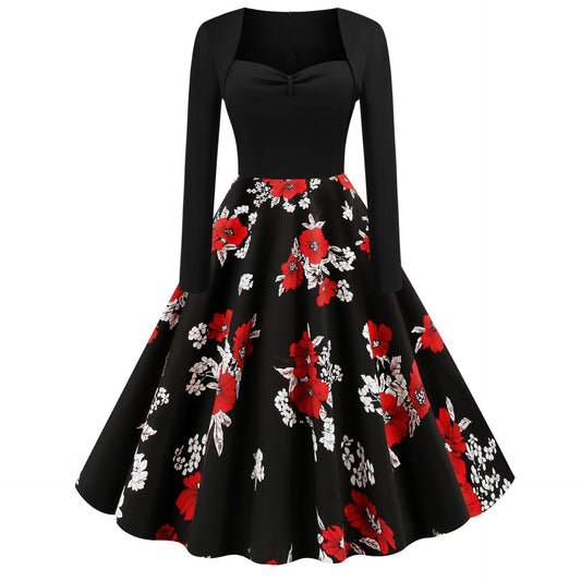 Vintage Long Sleeves Floral Print Dresses-STYLEGOING