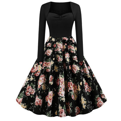 Vintage Long Sleeves Floral Print Dresses-STYLEGOING