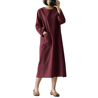 Vintage Linen Ling Sleeves Women Midi Dresses