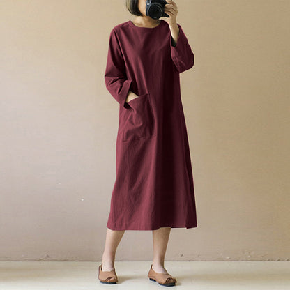 Vintage Linen Ling Sleeves Women Midi Dresses