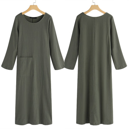 Vintage Linen Ling Sleeves Women Midi Dresses