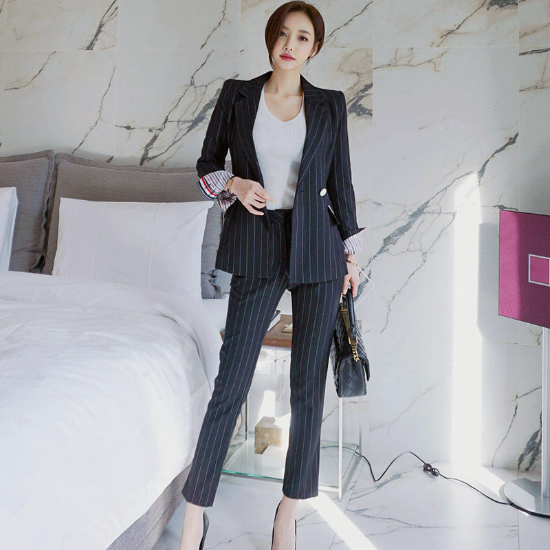 Fashion Black Striped Office Lady Outfits Sets