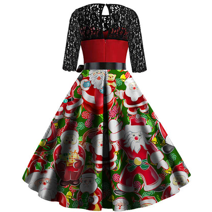 Green Round Neck Constract Lace Dresses for Christmas Holiday