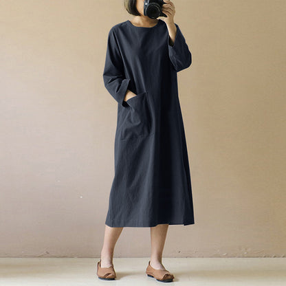 Vintage Linen Ling Sleeves Women Midi Dresses