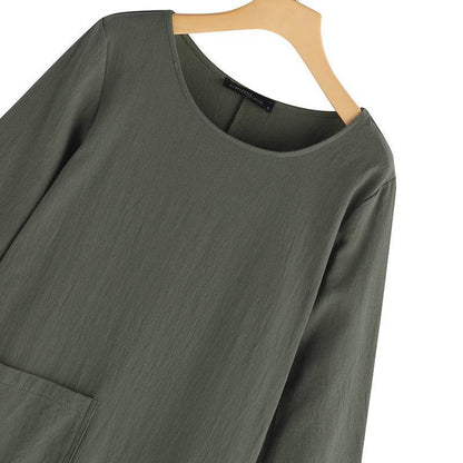Vintage Linen Ling Sleeves Women Midi Dresses