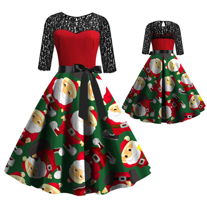 Women Green Half Sleeves Merry Christmas Dresses