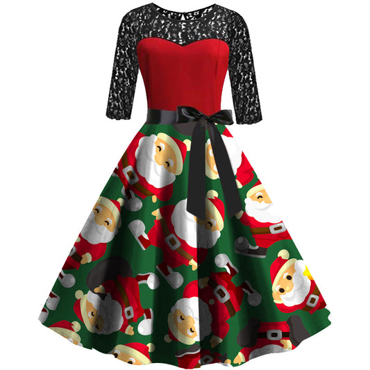 Women Green Half Sleeves Merry Christmas Dresses