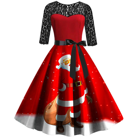 Red Long Sleeves Contrast Colors Lace Christmas Dresses