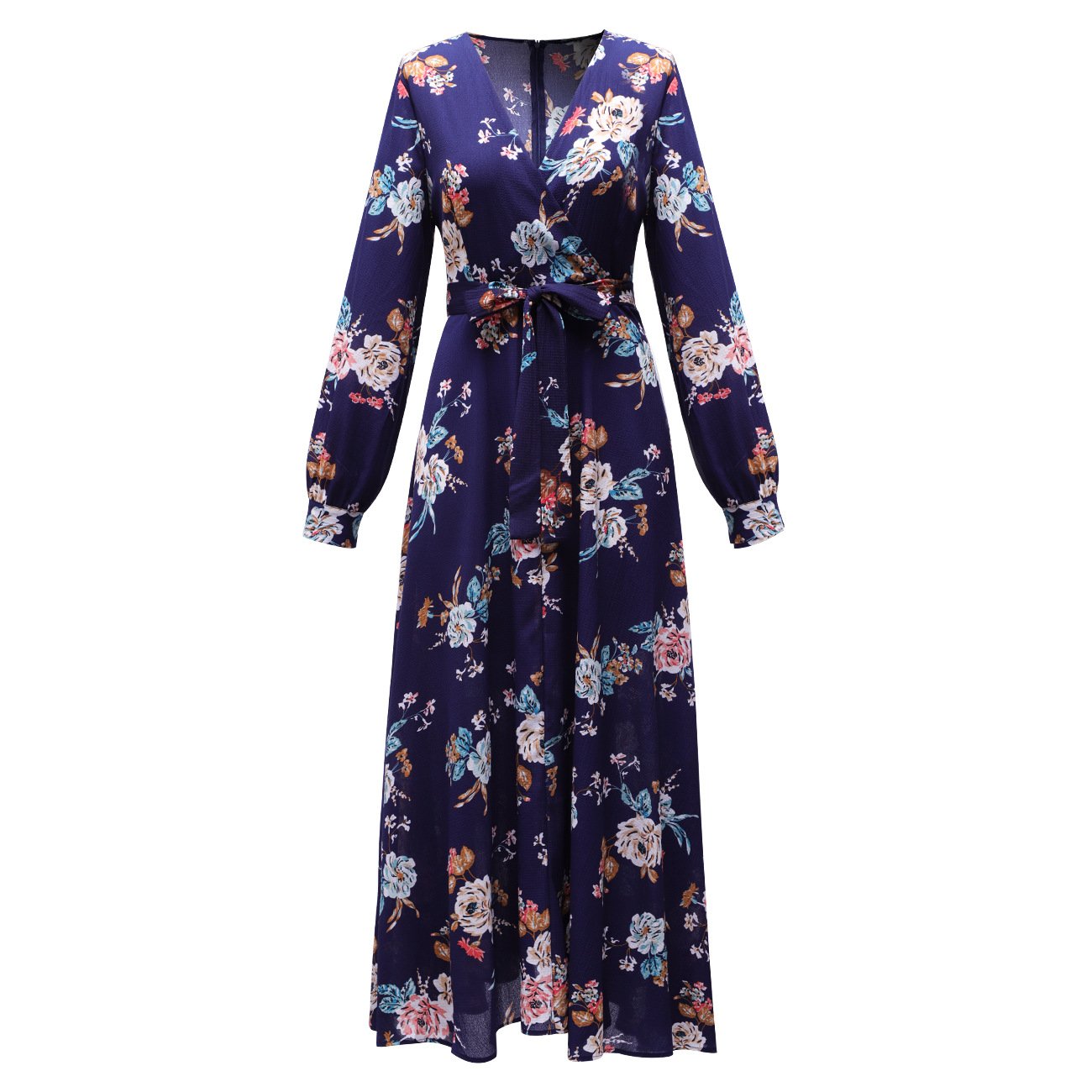 Women Floral Print Navy Blue Chiffon Long Sleeves Fall Dresses