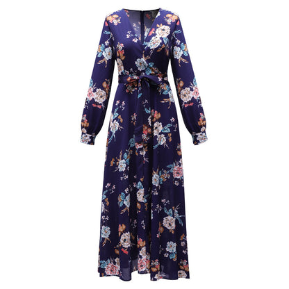 Women Floral Print Navy Blue Chiffon Long Sleeves Fall Dresses