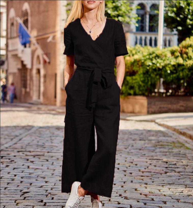 Women Short Sleeves Linen Loose Jumpsuits-STYLEGOING