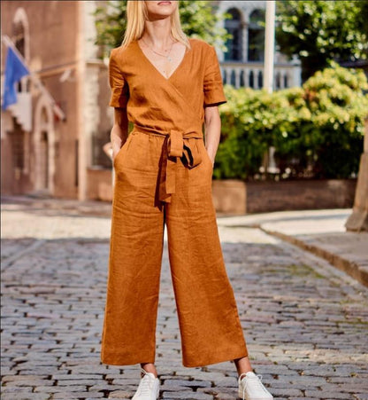 Women Short Sleeves Linen Loose Jumpsuits-STYLEGOING