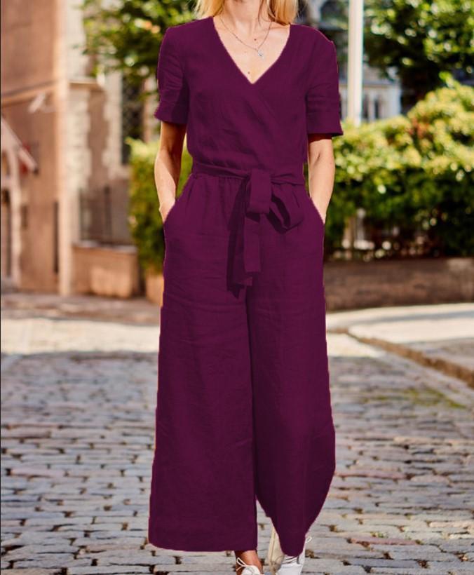 Women Short Sleeves Linen Loose Jumpsuits-STYLEGOING