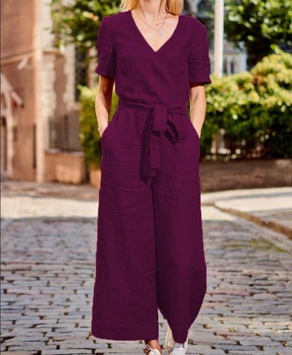 Women Short Sleeves Linen Loose Jumpsuits-STYLEGOING