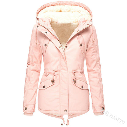 Casual Women Drawstring Hoody Cotton Overcoat for Winter