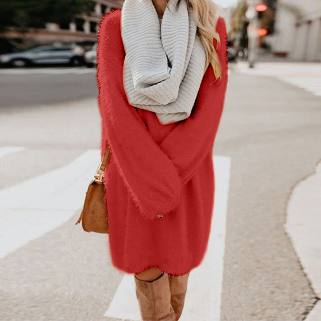 Casual Women Round Neck Plush Long Sweaters