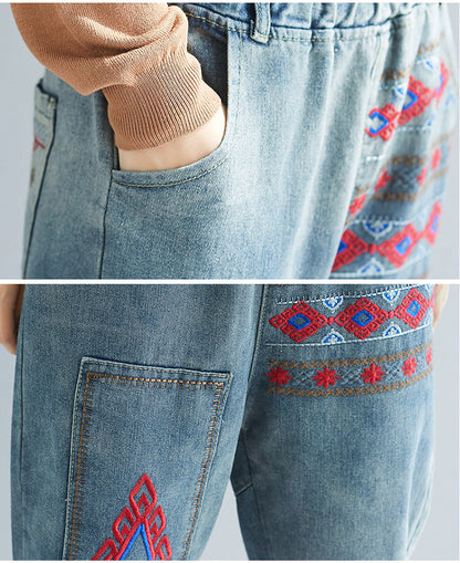 Women Embroidery Elastic Waist Harem Jean Pants