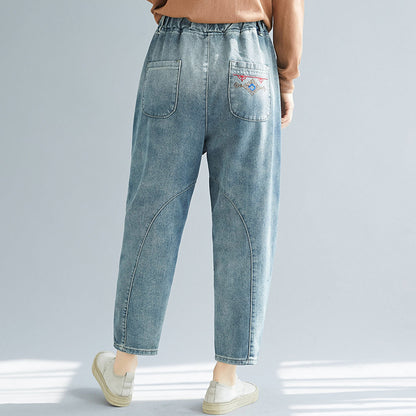 Women Embroidery Elastic Waist Harem Jean Pants