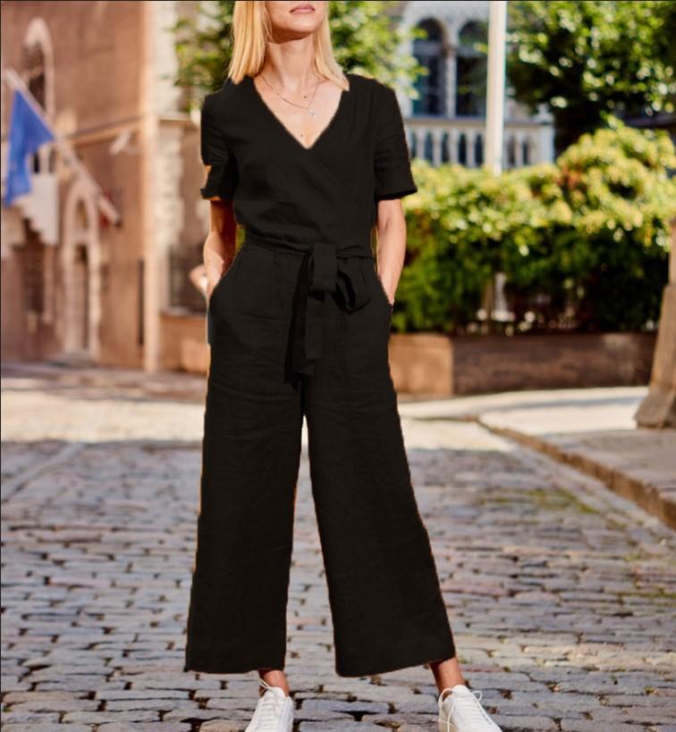 Women Short Sleeves Linen Loose Jumpsuits-STYLEGOING