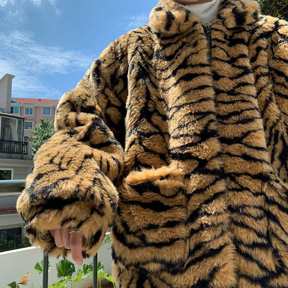 Casual Vintage Artificial Fur Tiger Print Overcoat for Men