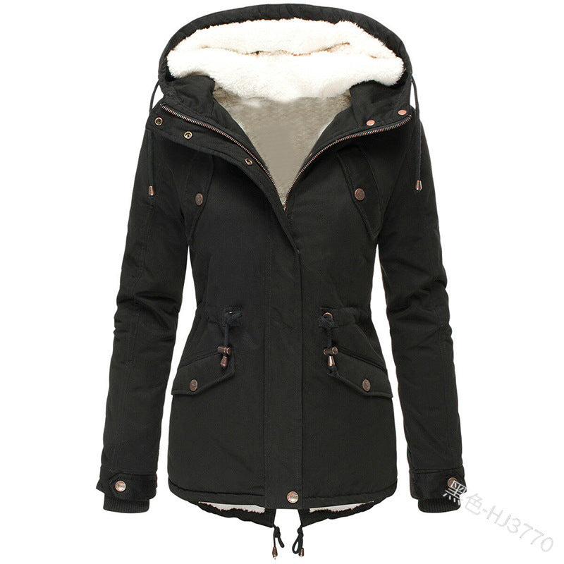 Casual Women Drawstring Hoody Cotton Overcoat for Winter
