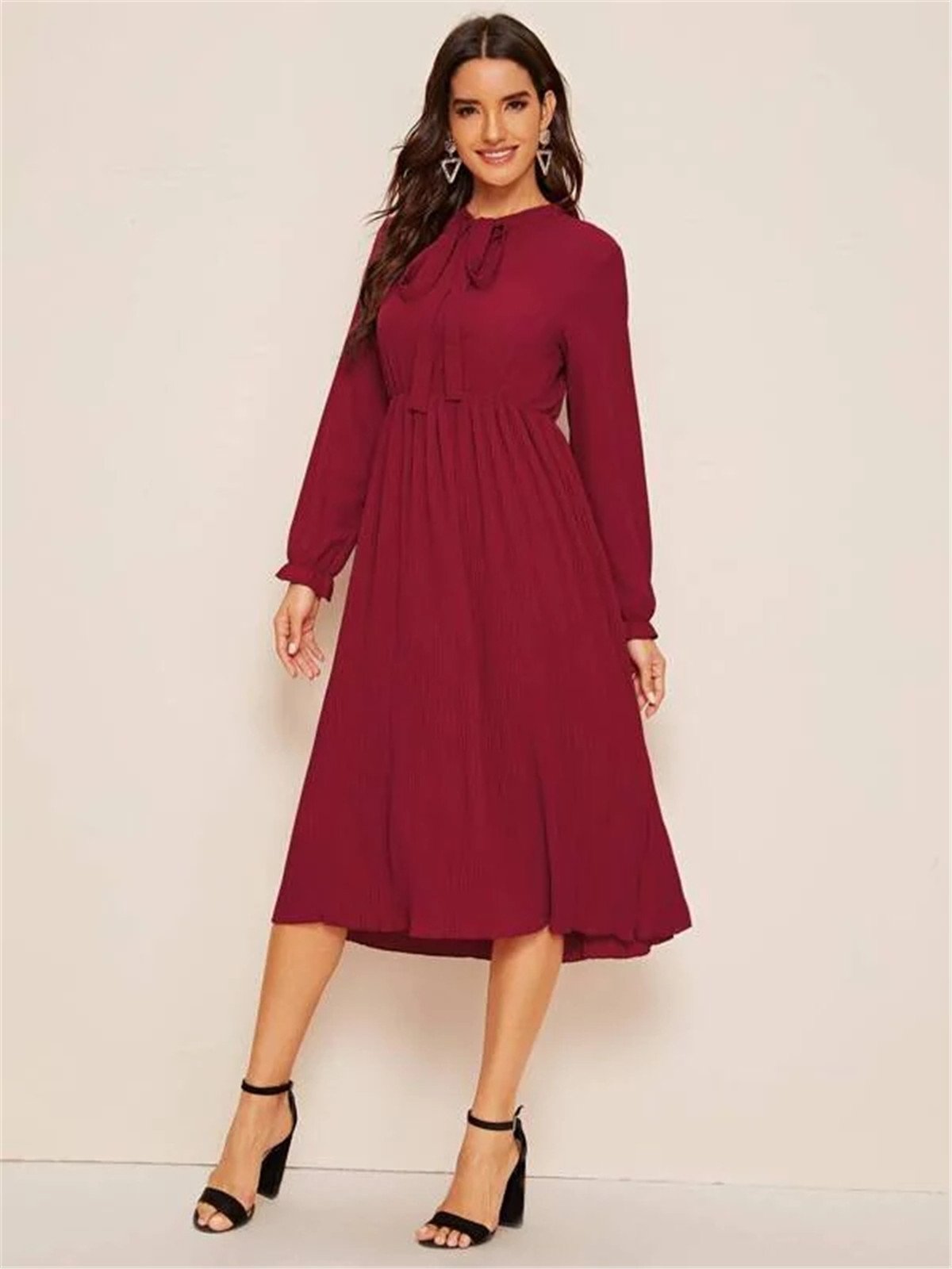 Red Casual Long Sleeves Fall Dresses