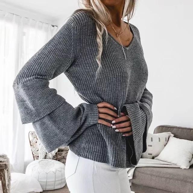 Women Bell Sleeves Fall Knitting Sweaters-STYLEGOING