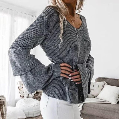 Women Bell Sleeves Fall Knitting Sweaters-STYLEGOING