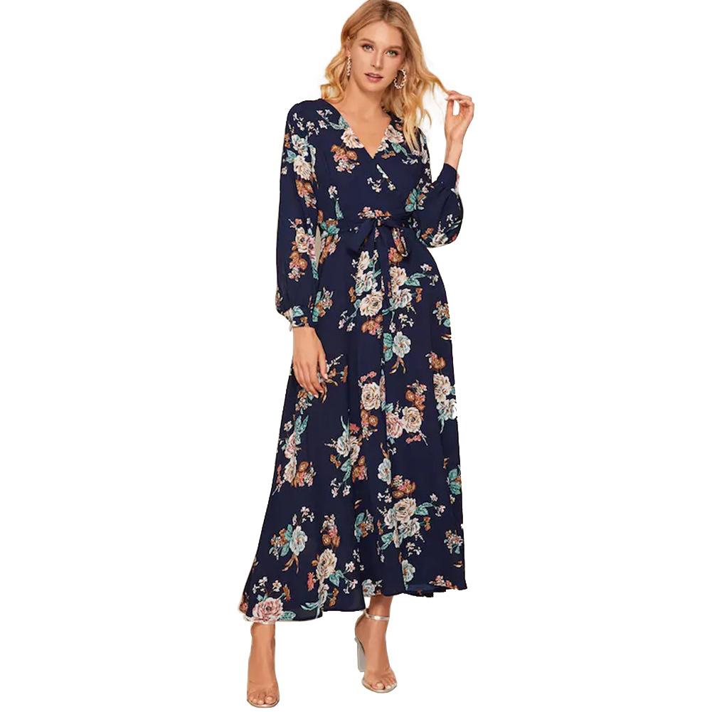 Women Floral Print Navy Blue Chiffon Long Sleeves Fall Dresses