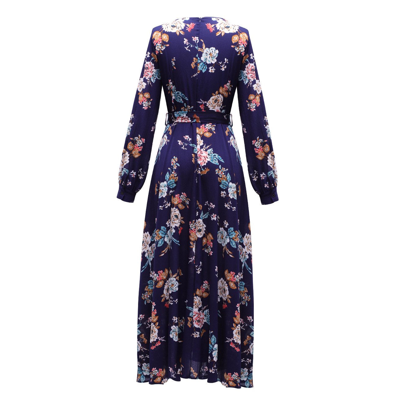 Women Floral Print Navy Blue Chiffon Long Sleeves Fall Dresses