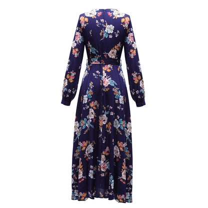 Women Floral Print Navy Blue Chiffon Long Sleeves Fall Dresses
