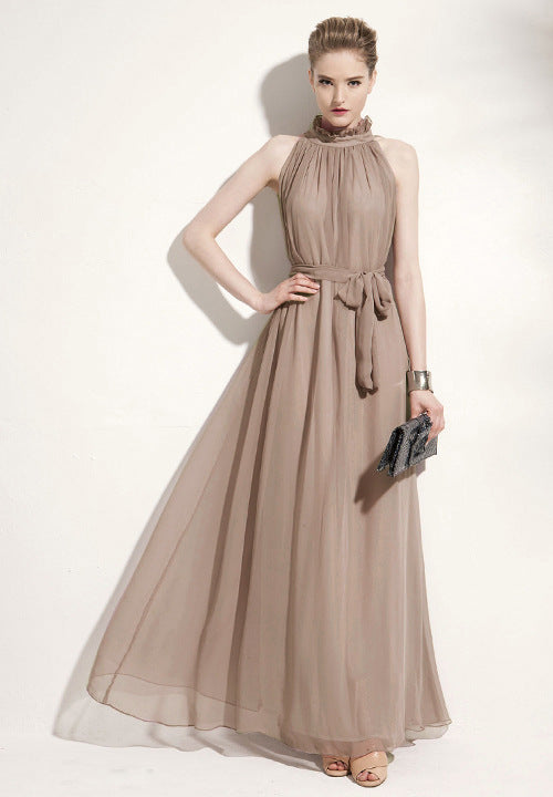 Casual Chiffon Halter Long Boho Dresses with Belt